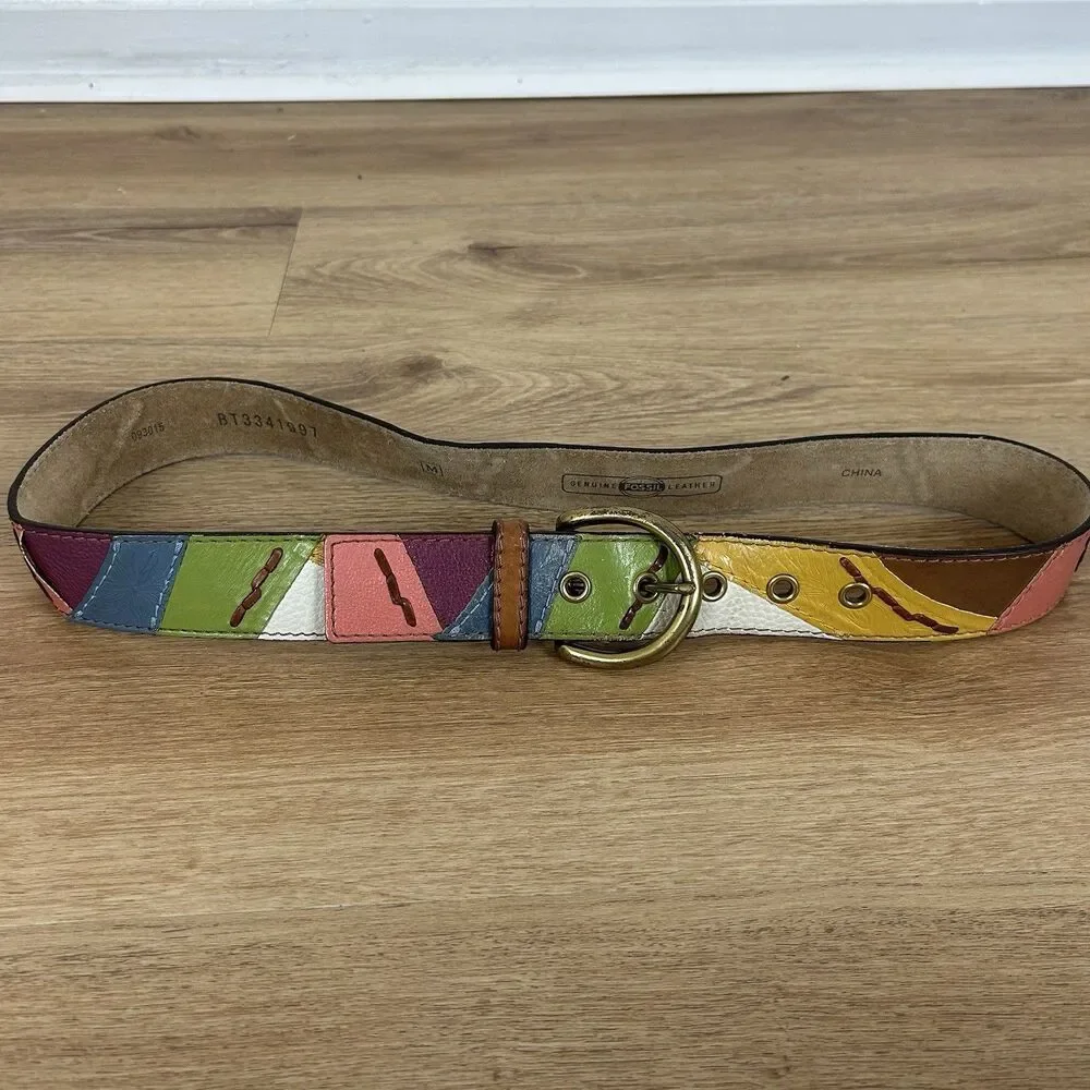 Y2K Fossil Women Patchwork Leather Belt MultiColor Embossed Skin Brass Buckle M
